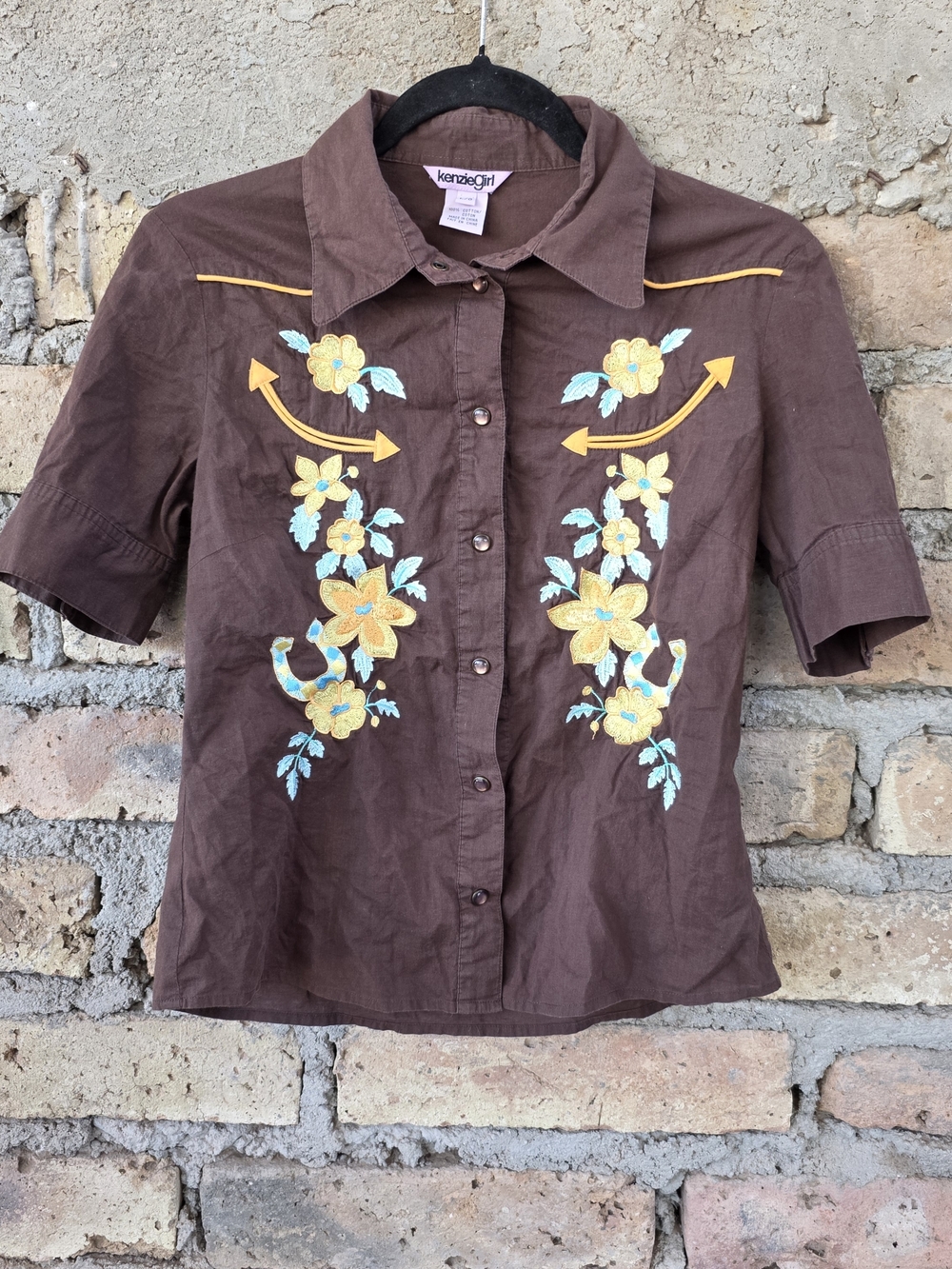 Kenzie Girl Brown Embroidered Western Button Down Shirt Short Sleeve Large